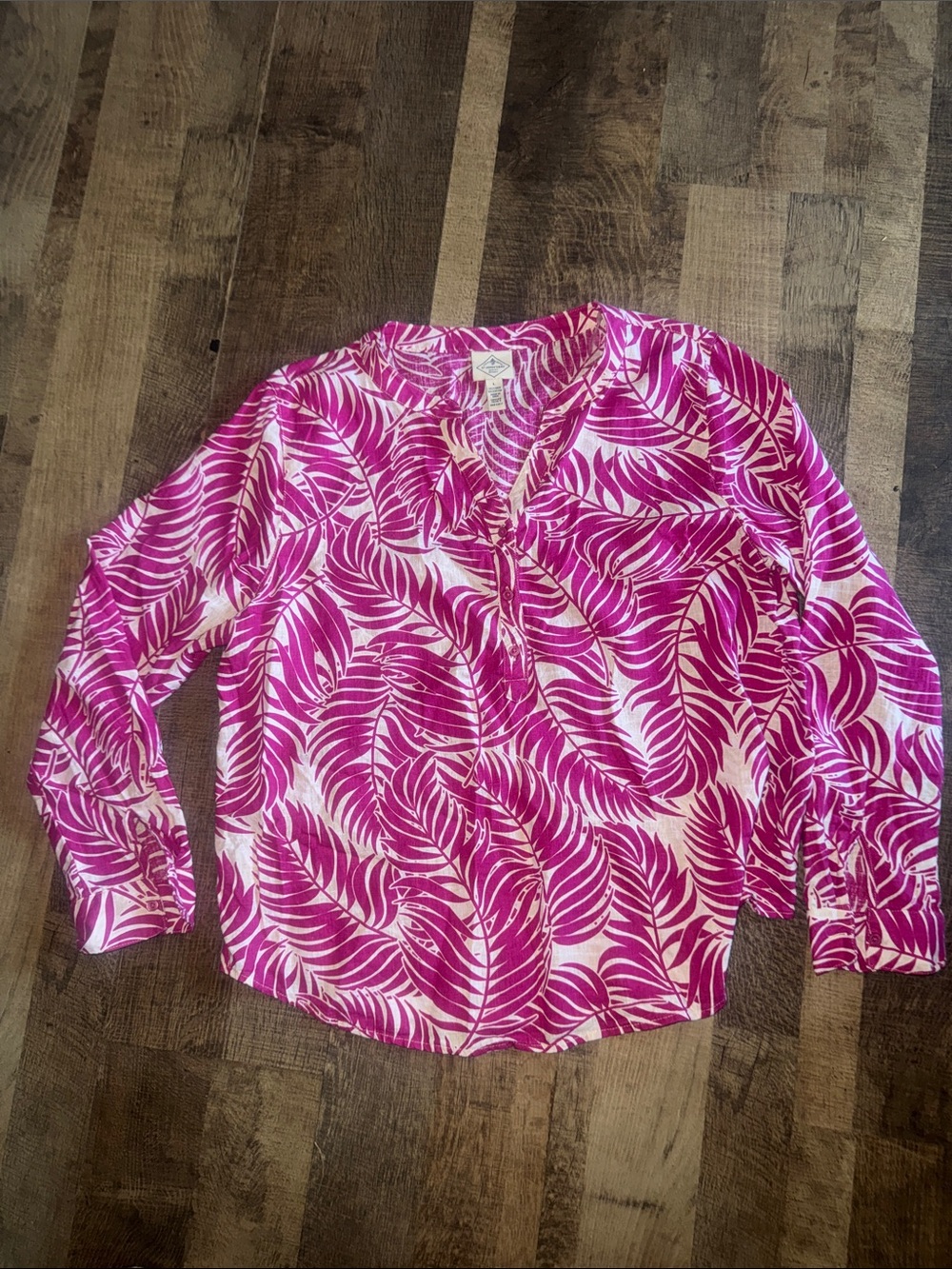 St. John's Bay Magenta Palm Leaf Linen Blend Blouse Women's Size Large